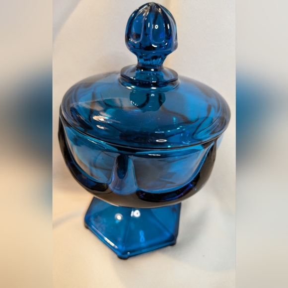 1960's Mid Century Modern Blue Glass Viking Covered Pedestal Dish 6"x 9" - Picture 2 of 16